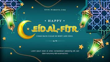 Happy Eid al fitr 3D realistic green luxury with Lantern, Geometric Pattern ornament, Suitable for Greeting card, Web Banner Premium vector