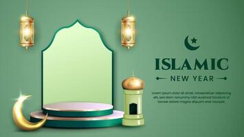 Happy Eid al fitr 3D realistic with Mosque, Crescent moon, Lantern and Podium Horizontal. Suitable for Greeting card, Web Banner, Stage for Product promotion. vector