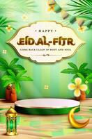 Happy Eid al fitr 3D realistic with Mosque, Crescent moon, Lantern and Podium Horizontal. Suitable for Greeting card, Web Banner, Stage for Product promotion. vector