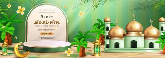 Happy Eid al fitr 3D realistic green luxury with Lantern, Geometric Pattern ornament, Suitable for Greeting card, Web Banner Premium vector