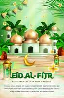Happy Eid al fitr 3D realistic with Mosque, Crescent moon, Lantern and Podium Horizontal. Suitable for Greeting card, Web Banner, Stage for Product promotion. vector