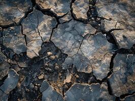 Top view photo of a solid color ground showing a large collapsed area from a strong impact, with cracks radiating outward