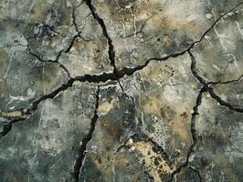 Top view photo of a solid color ground showing a large collapsed area from a strong impact, with cracks radiating outward