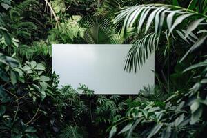 Minimalist photo of a clean white shop sign with a single bold letter logo displayed against a backdrop of lush green foliage.