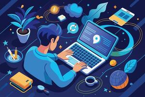 A digital illustration of a person working on a laptop with a location icon on the screen. The background is a blue and orange space theme. vector