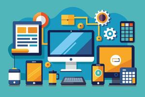A flat design illustration of multiple devices, including a desktop computer, laptop, smartphone, and tablet, all connected by gears and lines, representing the interconnectedness of technology. vector
