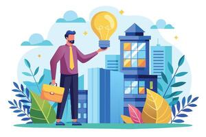 A cartoon illustration of a businessman holding a lightbulb above his head in front of a cityscape. The illustration is meant to represent new ideas or inspiration in a business context. vector