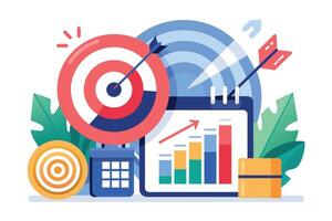 A calendar with an arrow targeting a bullseye chart and a bar graph showing growth. This illustration represents the concept of planning and achieving business goals. vector