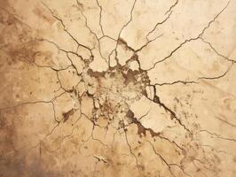 Top view photo of a solid color ground showing a large collapsed area from a strong impact, with cracks radiating outward
