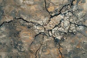Top view photo of a solid color ground showing a large collapsed area from a strong impact, with cracks radiating outward