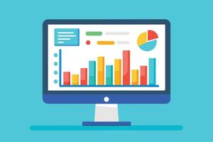 A computer screen displays colorful bar and pie charts, showcasing data visualization and analysis. vector