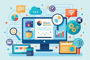 A colorful illustration of digital marketing analytics data displayed on a desktop computer screen, including charts, graphs, and other icons. vector