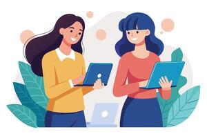 Two women are working on laptops, smiling at each other, and collaborating in a relaxed and creative environment. vector