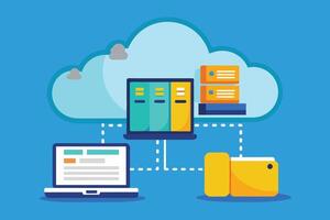 A simplified illustration depicting cloud computing, featuring a laptop, server, folder, and cloud with dashed lines representing connections. vector