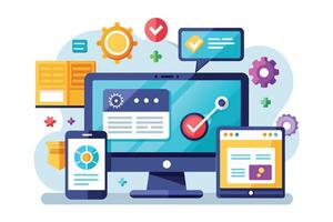 A colorful illustration depicting a desktop computer, smartphone, and tablet, each displaying website design and development icons, showcasing the process of creating and launching a website. vector