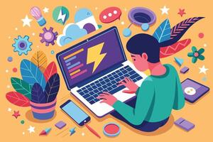 A woman sits on the floor, focused on her laptop, surrounded by colorful, abstract objects, representing creativity and innovation. vector