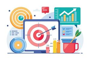 An illustration showcasing a digital marketing strategy with a focus on target audience analysis, growth tracking, and achieving business goals. vector
