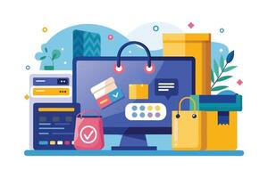 Illustration depicting online shopping with a computer, packages, and shopping bags, emphasizing the convenience and speed of online transactions. vector