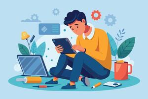 An illustration depicting a young man working diligently on a tablet while sitting on the floor, surrounded by tools and a laptop. vector