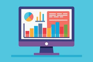 A computer monitor displaying colorful data charts and graphs, including bar graphs and a pie chart. vector