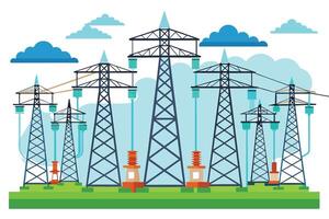 A cartoon illustration of several large power transmission towers against a blue sky with fluffy white clouds. Each tower has wires and insulators. vector