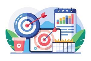 A colorful illustration depicting business goals and strategies. It features targets with arrows, charts, and a calendar, symbolizing planning, execution, and tracking progress. vector