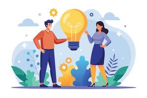 A man and woman stand in front of a large lightbulb, both smiling and pointing at it, representing the development of an innovative idea. vector