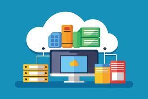 A colorful illustration depicting the concept of cloud computing. A cloud icon is shown in the center of a desktop monitor, with other servers and storage devices connected to it. vector