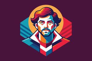 A vibrant, geometric portrait of a man with red hair and a mustache, against a purple background. The illustration features a modern, abstract style with bold colors. vector