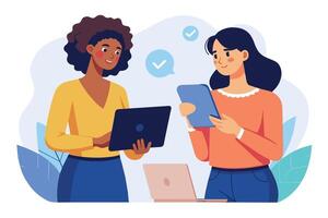 Two women are working together on their laptops and tablets, collaborating on a project. vector