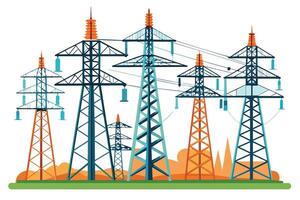 A cartoon illustration of six electric towers with various heights and colors, arranged in a row on a green field with a white background. vector