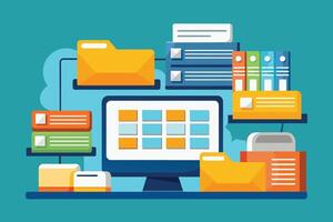 A colorful illustration of a computer desktop with folders, files, and data storage. vector