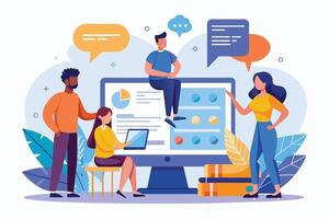 A team of four diverse people are working together in front of a large computer screen filled with data visualizations and graphs. They are collaborating to analyze data and come up with insights. vector