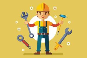 This illustration depicts a cartoon worker with a yellow hardhat holding multiple tools in front of a yellow background. The worker is smiling and appears happy and confident. vector