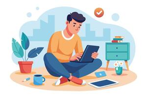 A man sits cross-legged on the floor in his home, working on his laptop. He is focused on his work, and there are other items around him, including a plant, a coffee mug, and a tablet. vector