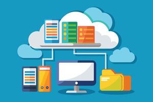 Illustration of cloud computing with connected devices and servers, depicting the flow of data and information through the cloud. vector