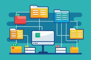An illustration depicting a computer connected to multiple folders via a network. The folders are colorful and contain files represented by lines. vector