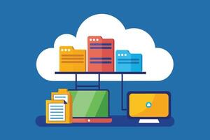 Illustration depicting a cloud with colorful folders connected to a desktop and laptop computer through a network cable. vector