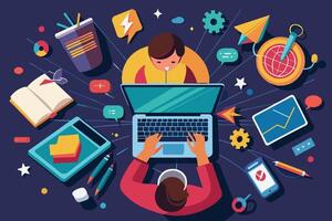 A person sits at a desk, typing on a laptop, surrounded by colorful icons and objects representing various aspects of work and creativity. vector