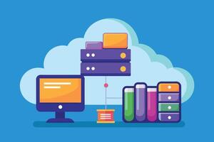 A illustration depicting a cloud-based server connection with a computer. vector