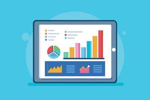 A tablet displaying a variety of charts and graphs, including a pie chart, bar chart, and line graph, representing data analysis and business insights. vector