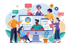 A colorful illustration depicts a diverse team of people working together on a desktop computer. They are engaging in conversation and collaborating on a project. vector