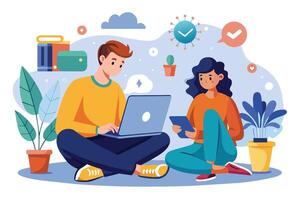 An illustration of a young couple sitting on the floor, working from home. The man is using a laptop and the woman is using a tablet. vector