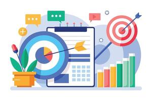An illustration depicting a business goal. There are two targets, both with arrows in the bullseye. A checklist and bar chart are also shown. vector