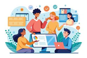 A diverse team of four people are gathered around a computer screen, discussing data analytics during a business meeting. The image depicts collaboration and teamwork in a professional setting. vector