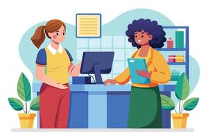 Two female employees, one with a clipboard and the other behind a counter, are engaged in a conversation during the day. vector