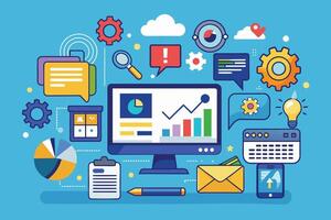 A colorful illustration depicting various digital marketing analytics elements such as charts, graphs, icons, and a desktop computer. vector