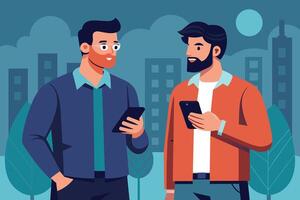 Illustration of two men using smartphones while walking in an urban setting at night. vector