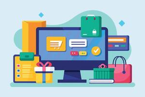 A flat design illustration depicting a desktop computer displaying an online shopping interface. It includes various icons associated with e-commerce, including a shopping cart, gift boxes, and bags. vector