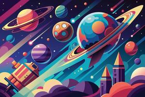 A vibrant illustration depicting a colorful galaxy with multiple planets, stars, and a spaceship soaring through the cosmos. vector